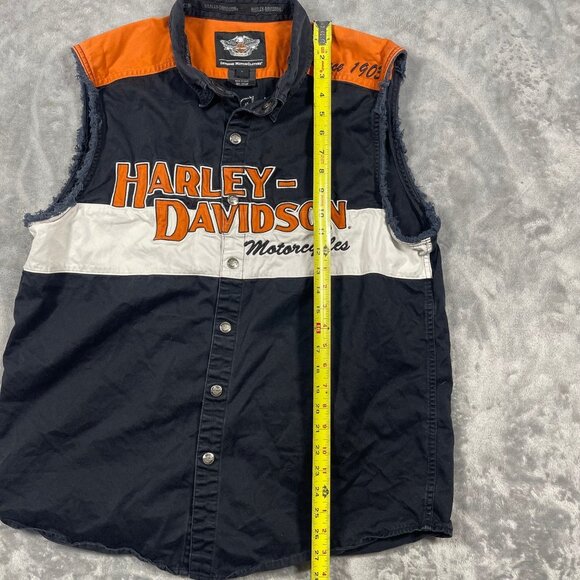 Harley-Davidson Sleeveless Button-Up Shirt Mens L Black Orange White Distressed - Picture 7 of 8